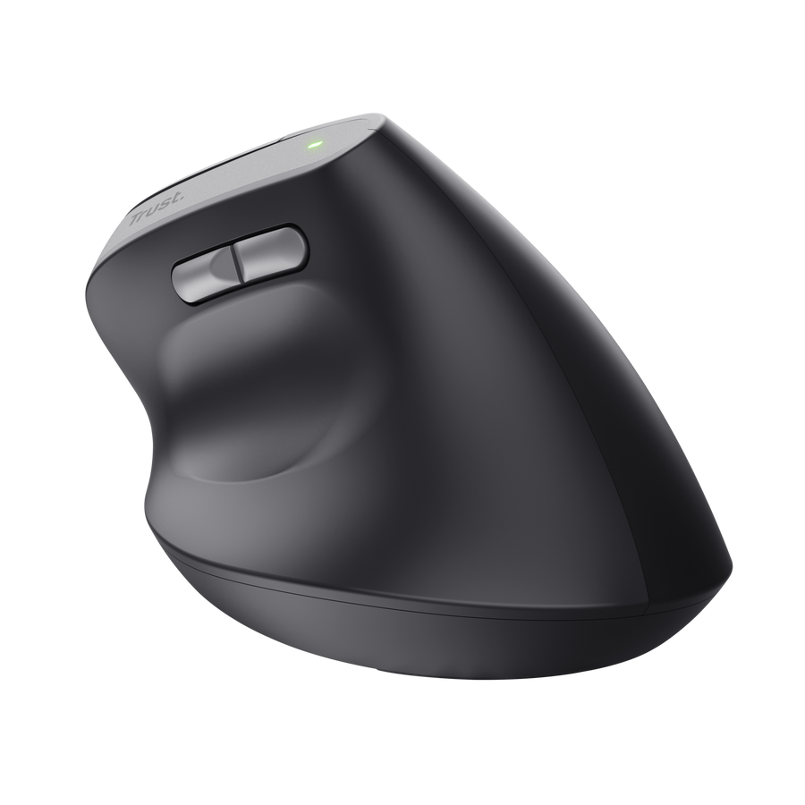 Mouse Trust Bayo II vertical negro vista diagonal mostrando diseño ergonómico