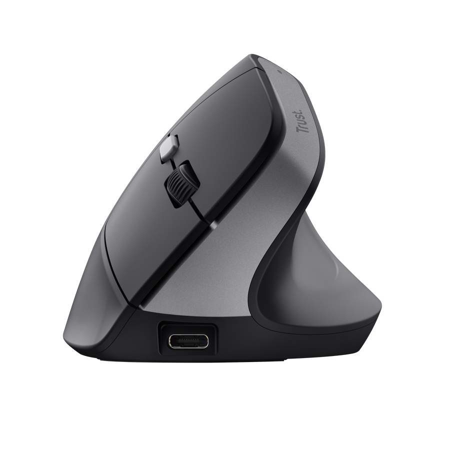 Mouse Trust Bayo II vertical negro vista posterior con logo Trust