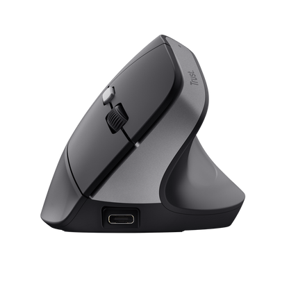 Mouse Trust Bayo II vertical negro vista posterior con logo Trust
