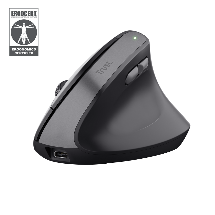 Mouse Trust Bayo II inalámbrico negro vista lateral derecha con ángulo 57 grados