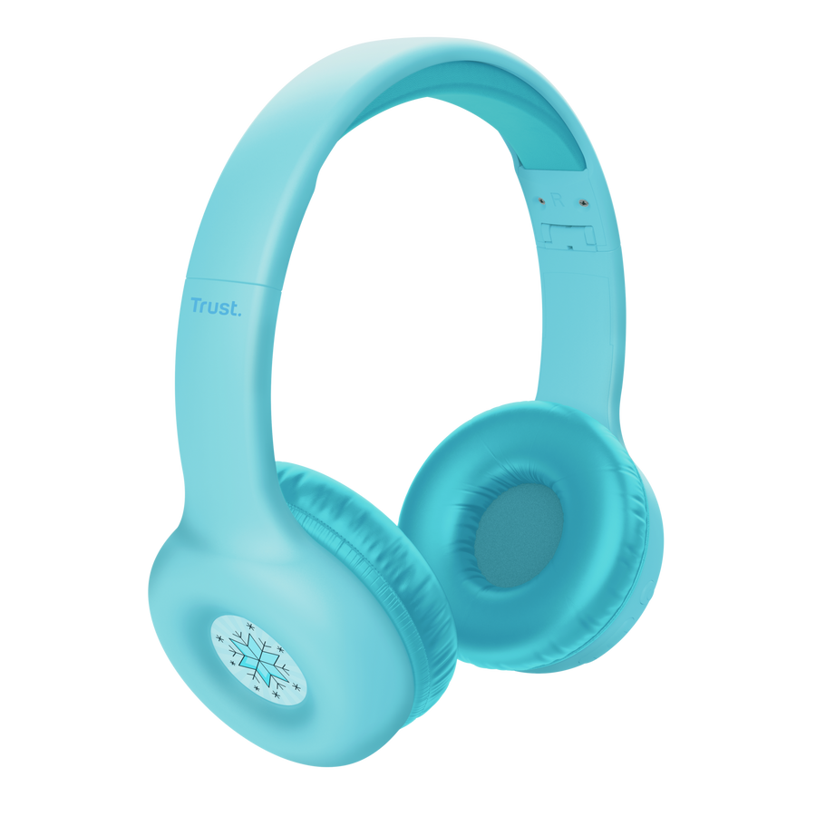 Trust Nouna 25275 headset infantil azul mostrando botones de control en copa lateral