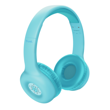 Trust Nouna 25275 headset infantil azul mostrando botones de control en copa lateral