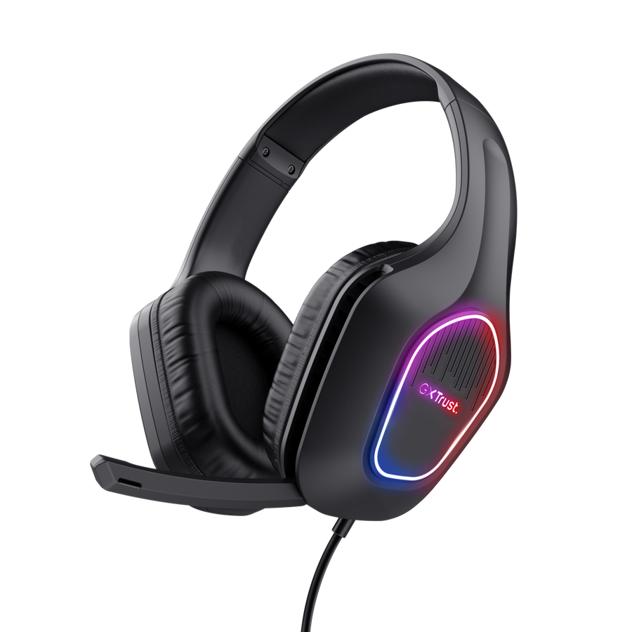 Headset Trust Gaming GXT 416 Zirox vista frontal con iluminación LED multicolor