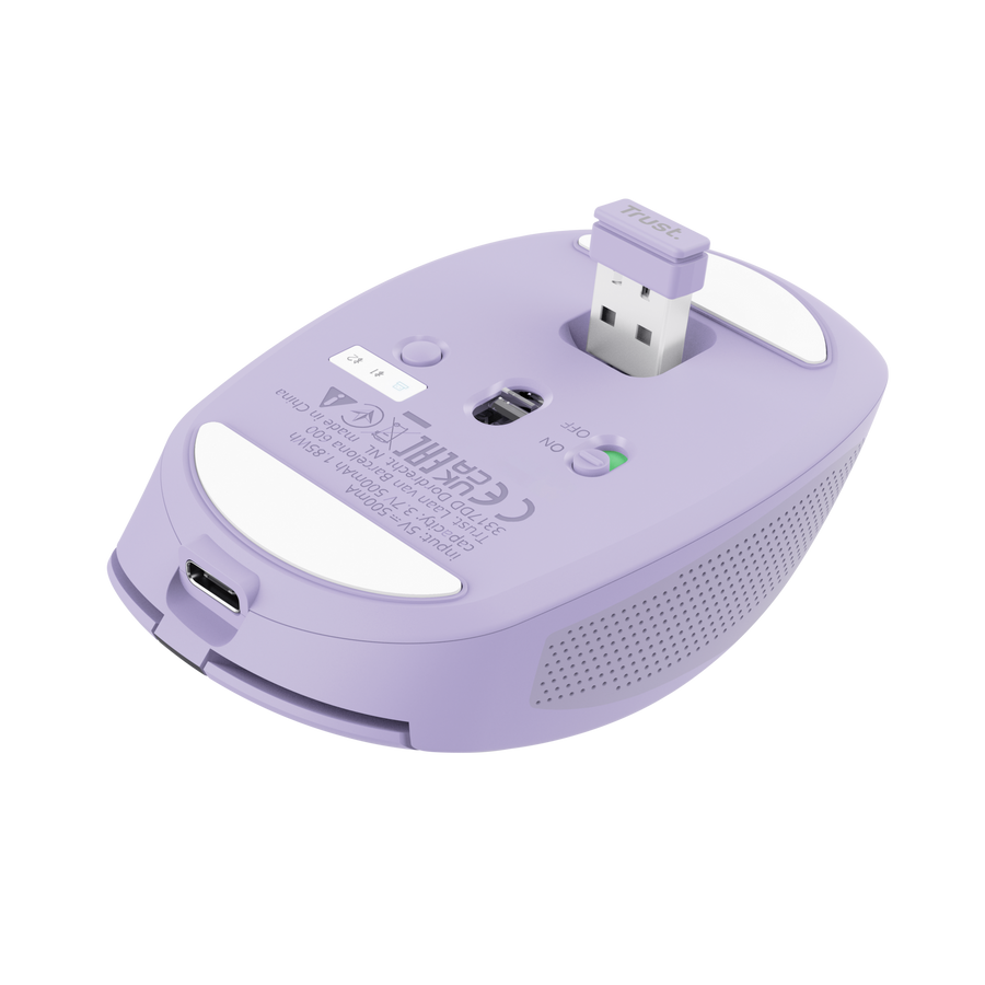 Mouse Trust Ozaa lila vista detalle botón cambio dispositivos