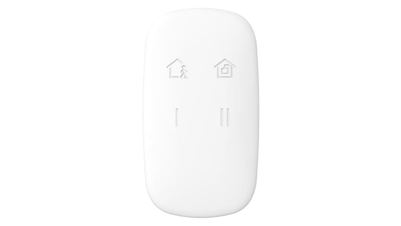 Control remoto llavero Hikvision DS-PKF1-WB blanco vista frontal con botones de armado y desarmado