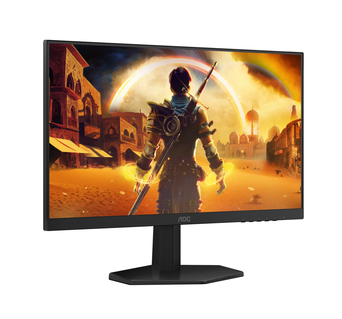Vista lateral del monitor AOC 24G42HE mostrando diseño delgado y soporte ajustable