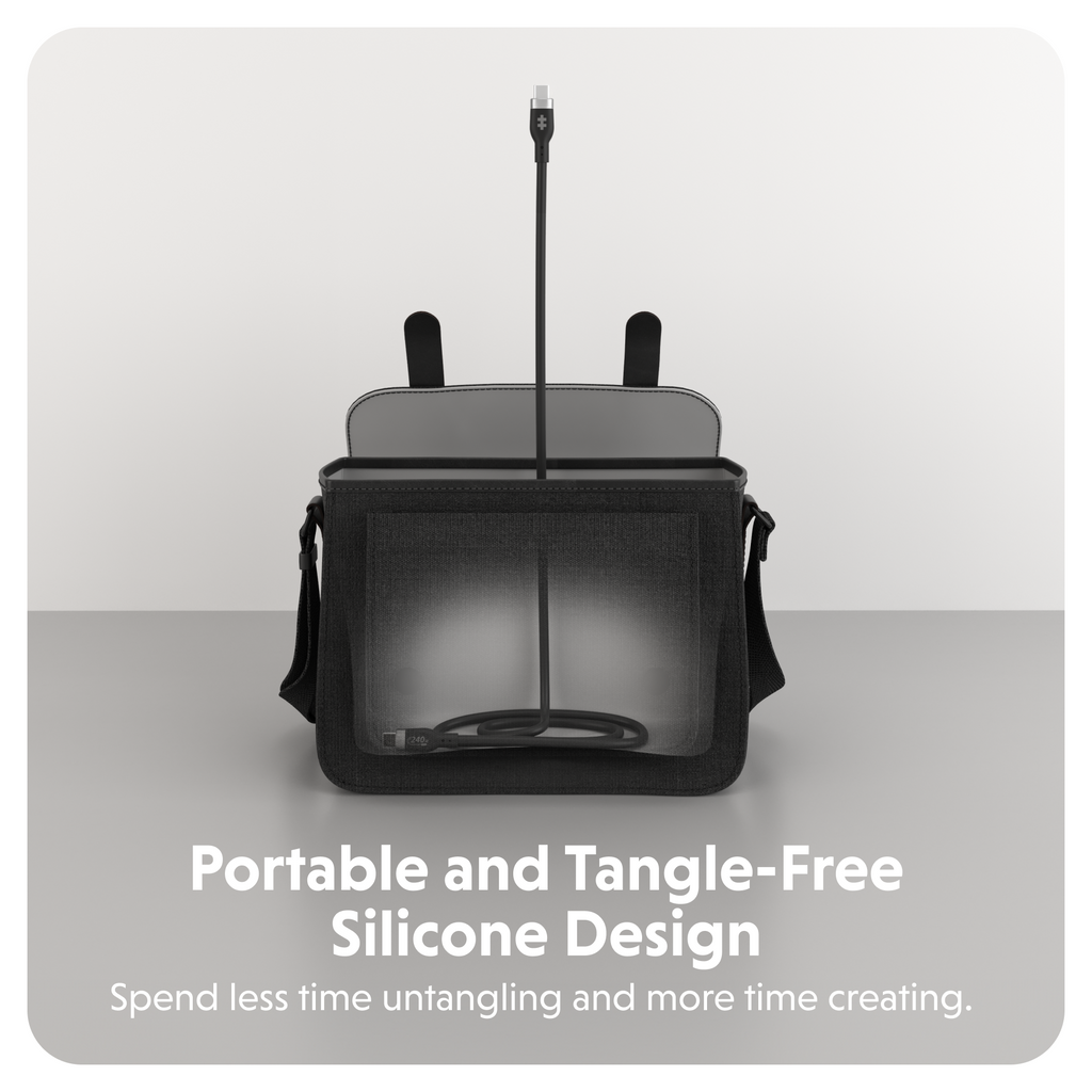 Targus HyperJuice cable negro - infografía de diseño de silicona libre de enredos