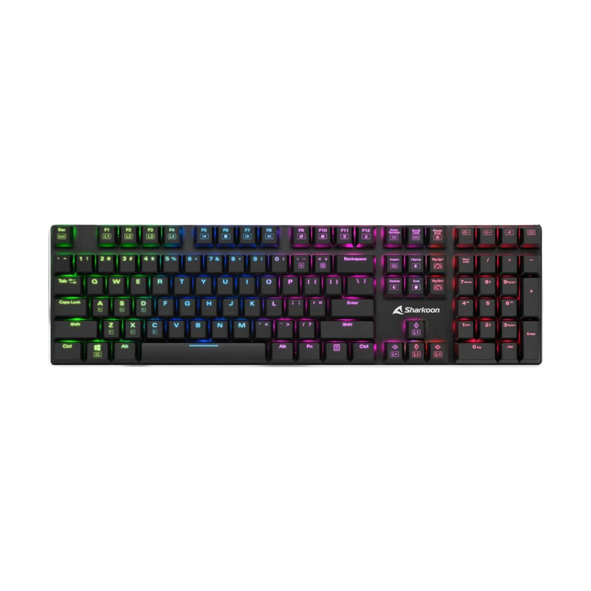 Teclado gaming RGB Sharkoon PureWriter mecánico con iluminación multicolor vista frontal completa