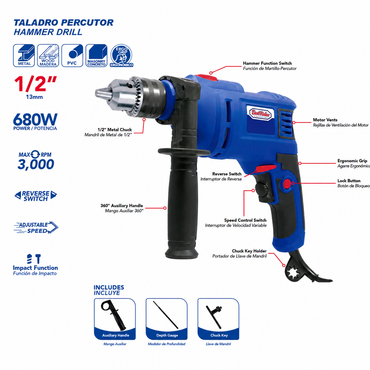Best Value Taladro Percutor 1/2" 680 W 0-3000 RPM 120 V, H27005