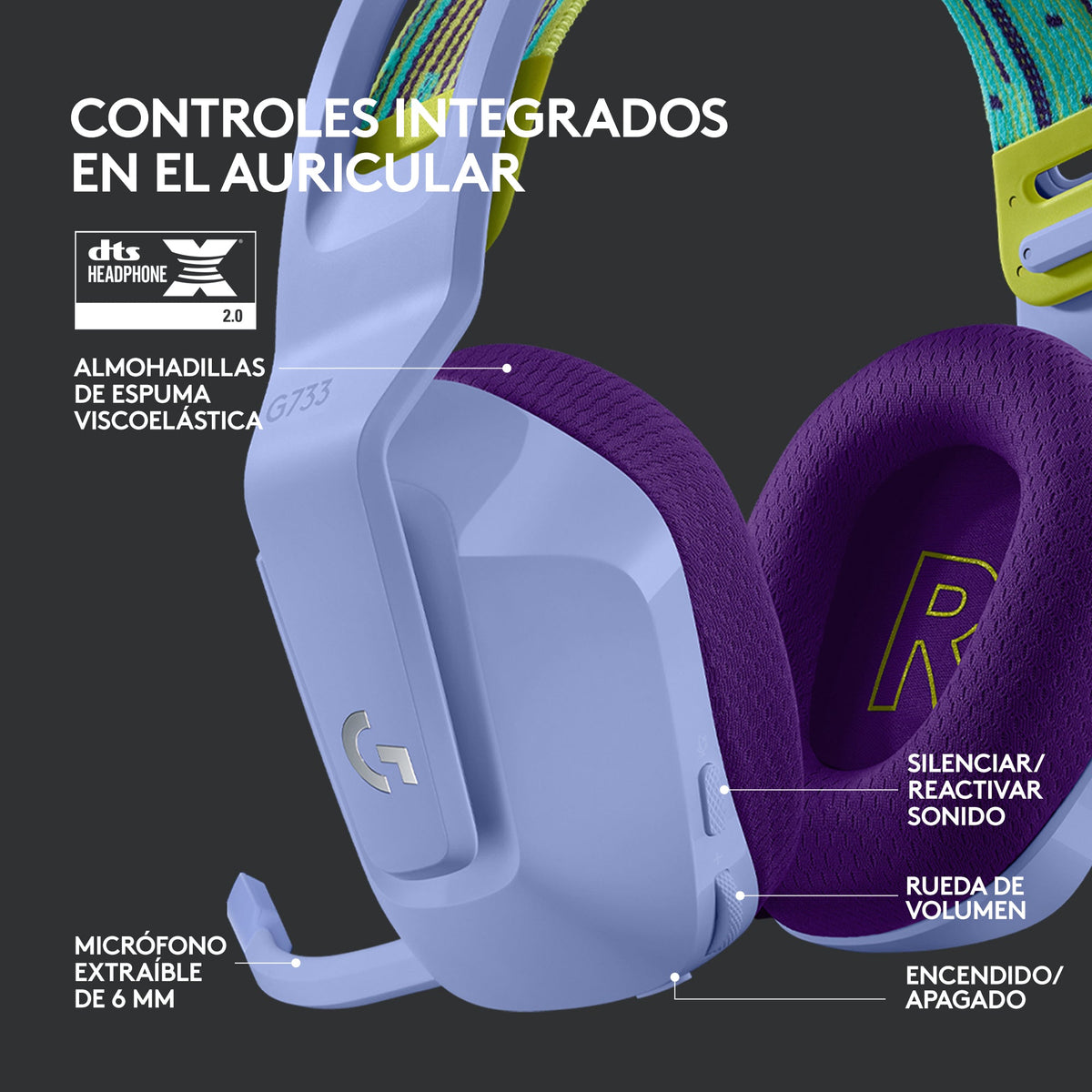 Vista posterior del Logitech G733 con banda ajustable y RGB