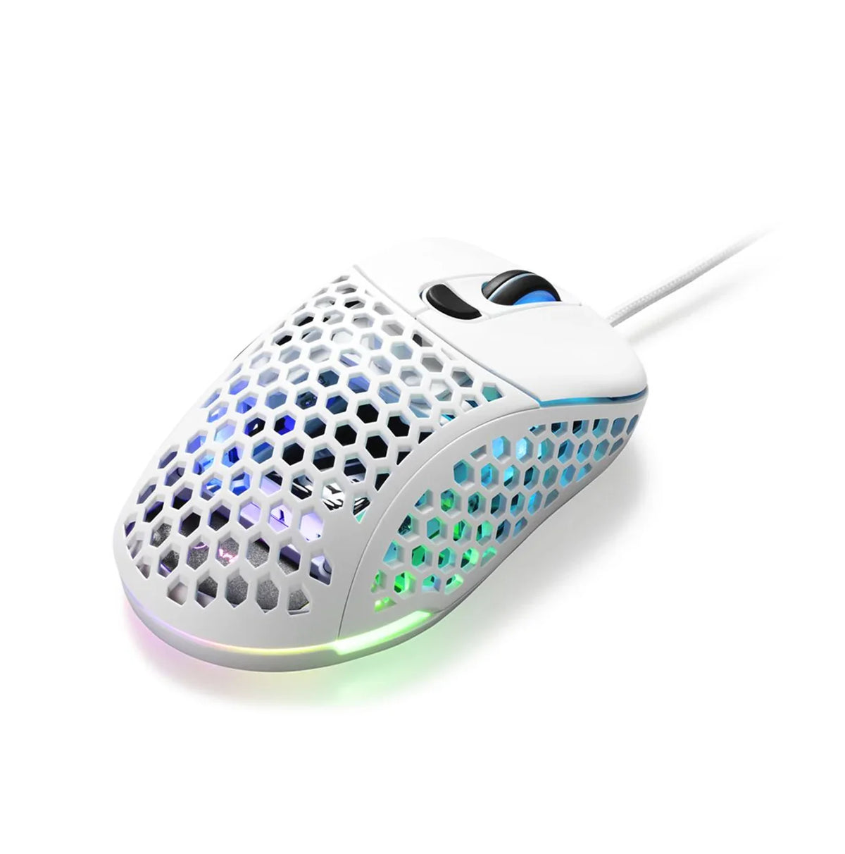 Vista lateral mouse gaming Sharkoon mostrando diseño ergonómico y botones laterales