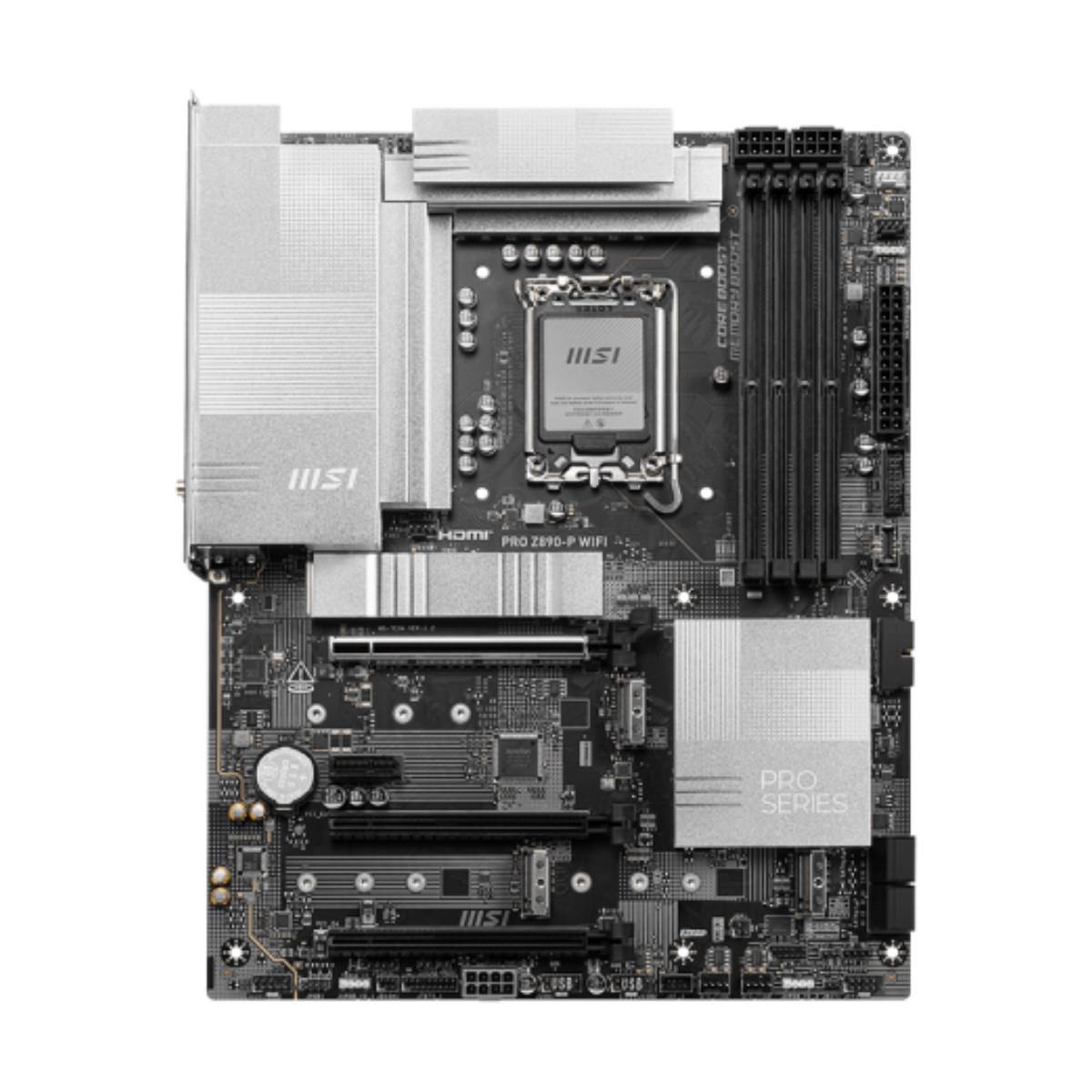 Tarjeta madre MSI PRO Z890-P WiFi vista frontal completa con slots DDR5 y conectores