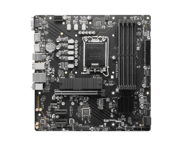 Tarjeta madre MSI PRO B760M-P vista diagonal mostrando capacitores y chipset
