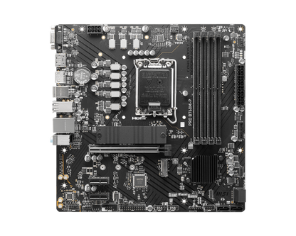 Tarjeta madre MSI PRO B760M-P vista diagonal mostrando capacitores y chipset