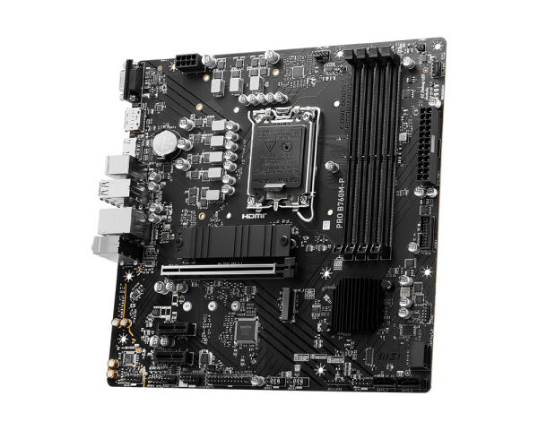 Motherboard MSI PRO B760M-P mostrando conectores de alimentación y slots PCIe