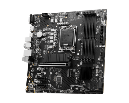 Motherboard MSI PRO B760M-P mostrando conectores de alimentación y slots PCIe