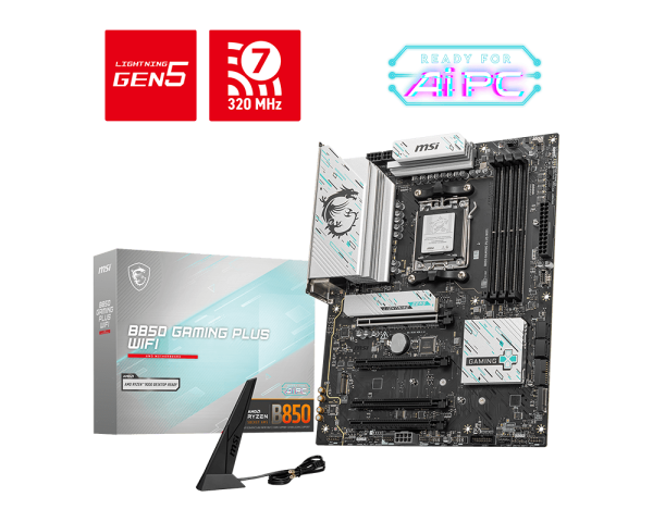 Tarjeta madre MSI B850 Gaming Plus WiFi formato ATX vista angular