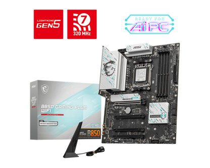 Tarjeta madre MSI B850 Gaming Plus WiFi formato ATX vista angular