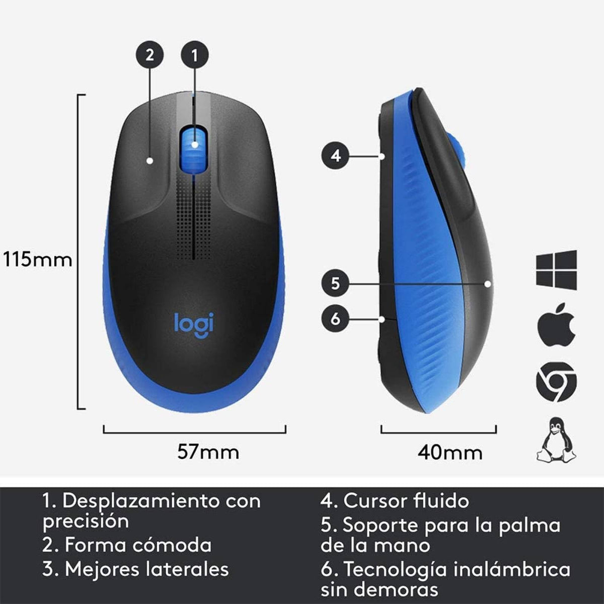 Mouse Logitech M190 azul vista lateral derecha ambidextro