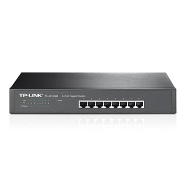Switch TP-Link TL-SG1008 vista lateral mostrando diseño compacto y puertos de conexión