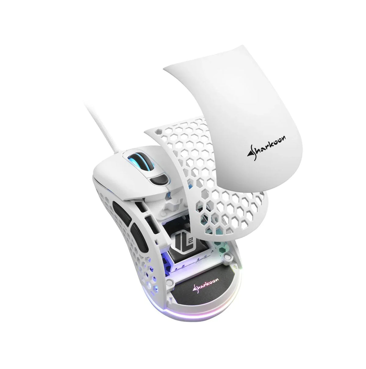 Vista superior mouse gaming ultraligero 62g con carcasa perforada hexagonal