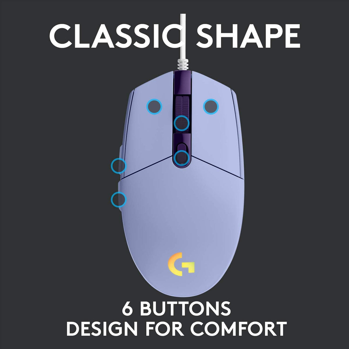 Mouse Gaming Logitech G203 en ángulo diagonal con efectos RGB activos