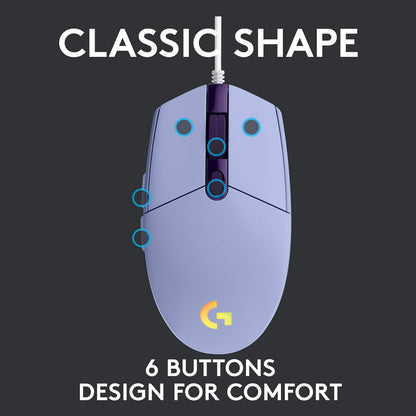 Mouse Gaming Logitech G203 en ángulo diagonal con efectos RGB activos