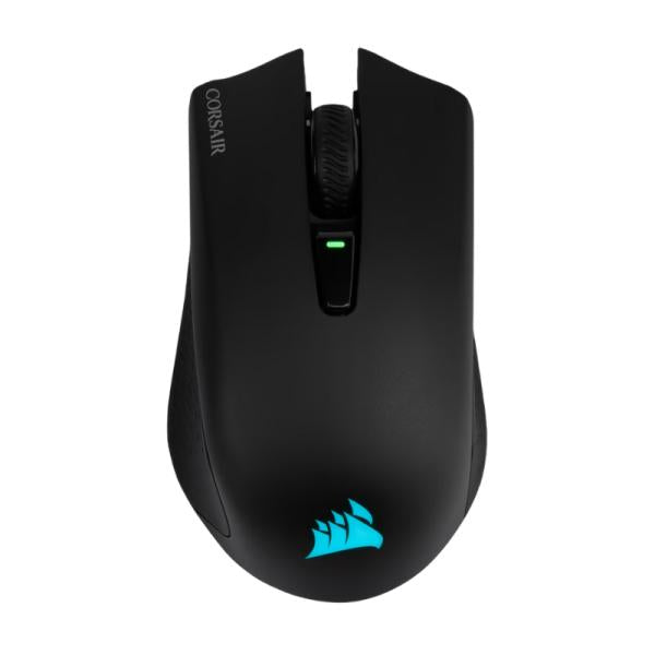 Mouse gaming Corsair Harpoon RGB inalámbrico vista frontal con iluminación LED encendida