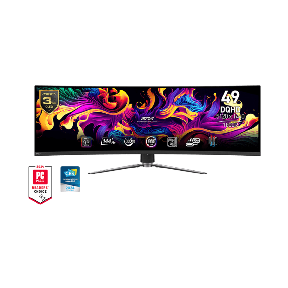 Monitor MSI MPG 491CQP QD-OLED de 49 pulgadas vista frontal con pantalla encendida
