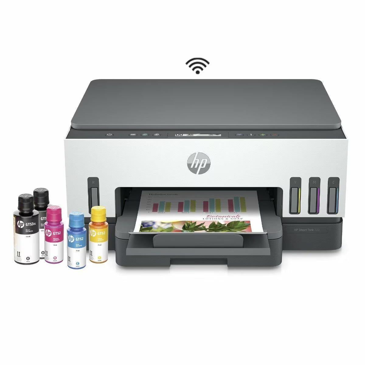 Impresora HP Smart Tank 720 vista frontal con pantalla LCD y controles