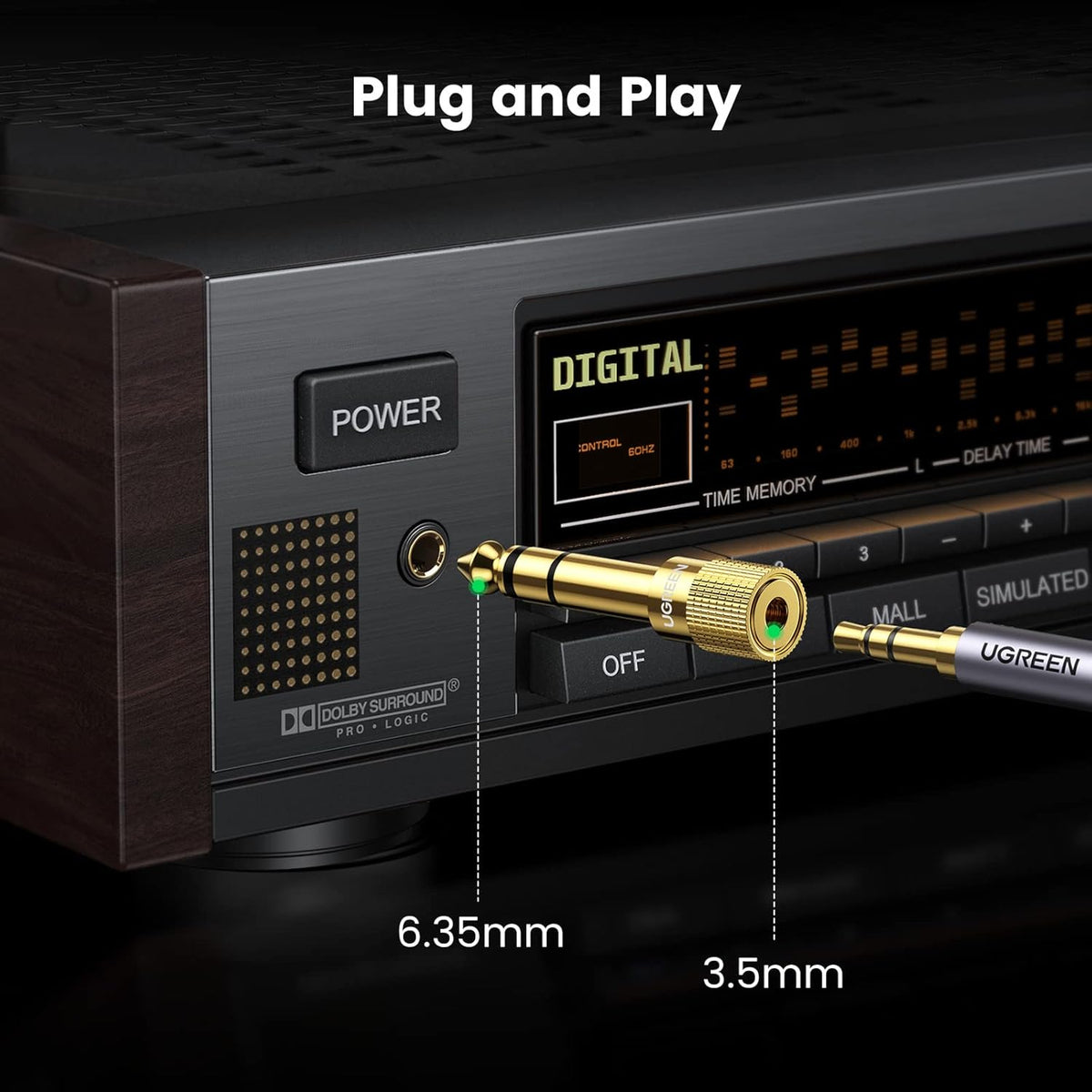 Adaptador audio 6.35mm a 3.5mm UGREEN vista diagonal completa