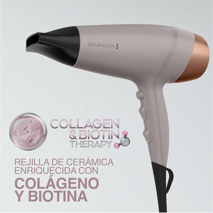 Secadora Remington Collagen and Biotin Therapy D26A-110F | 1900W | Tecnología Iónica con Turmalina | 3 Ajustes de Temperatura | 2 Velocidades | Golpe de Aire Frío