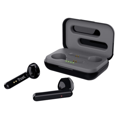 Vista interior audífonos Trust Bluetooth con especificaciones técnicas