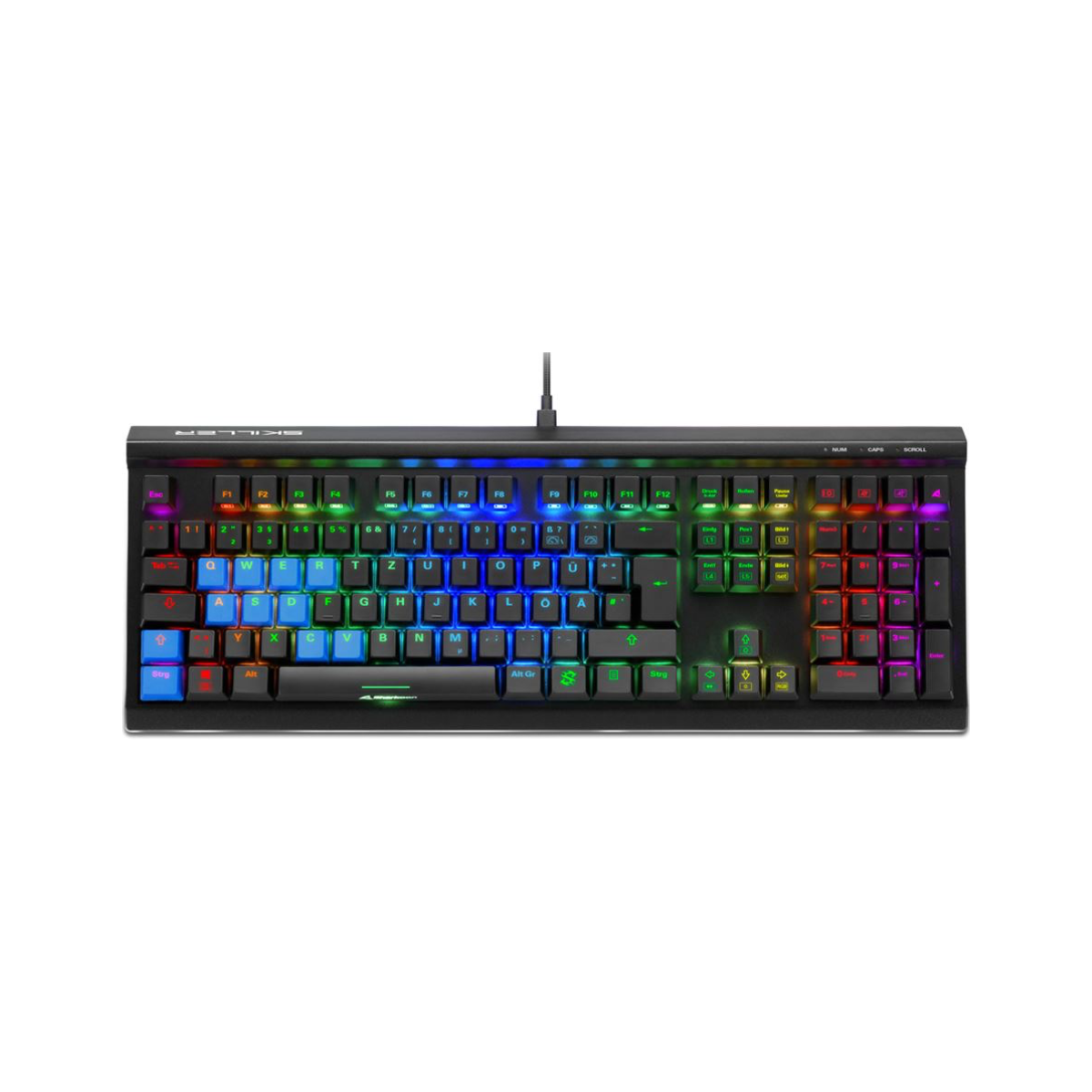 Teclado gaming mecánico Sharkoon SGK60 con iluminación RGB multicolor vista frontal completa