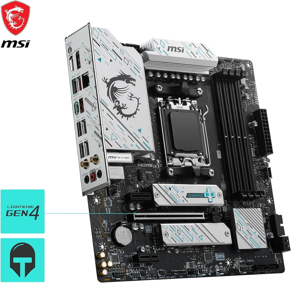 Detalle del socket AM5 y slots de memoria DDR5 en tarjeta madre MSI B650M Gaming