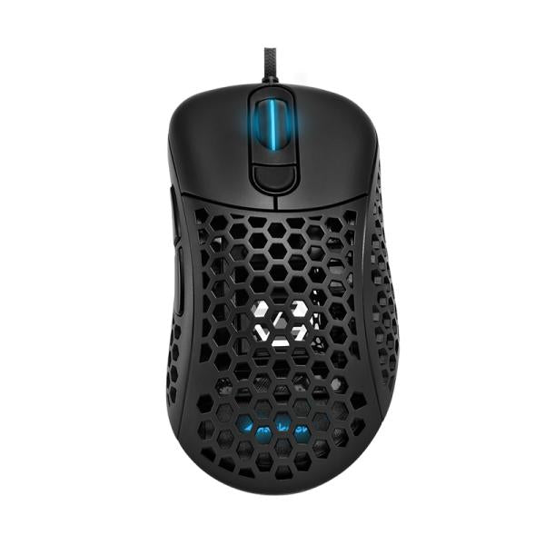 Vista inferior mouse Sharkoon Light² 200 mostrando sensor 16000 DPI y pads