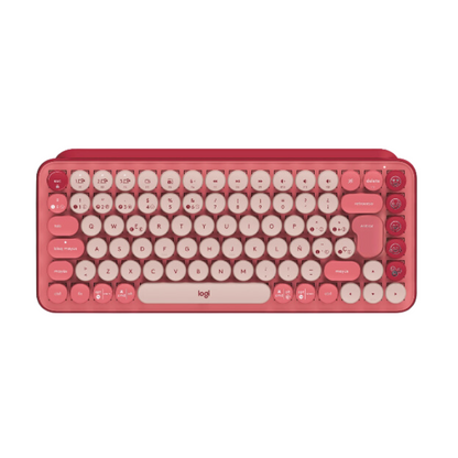 Teclado Logitech POP Keys mecánico inalámbrico en colores borgoña y rosa, vista frontal completa