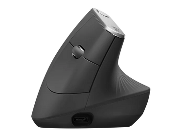 Logitech MX Vertical mouse ergonómico mostrando botones laterales y rueda de desplazamiento