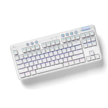 Vista lateral del teclado Logitech G715 mostrando perfil de teclas mecánicas y reposamanos acolchado