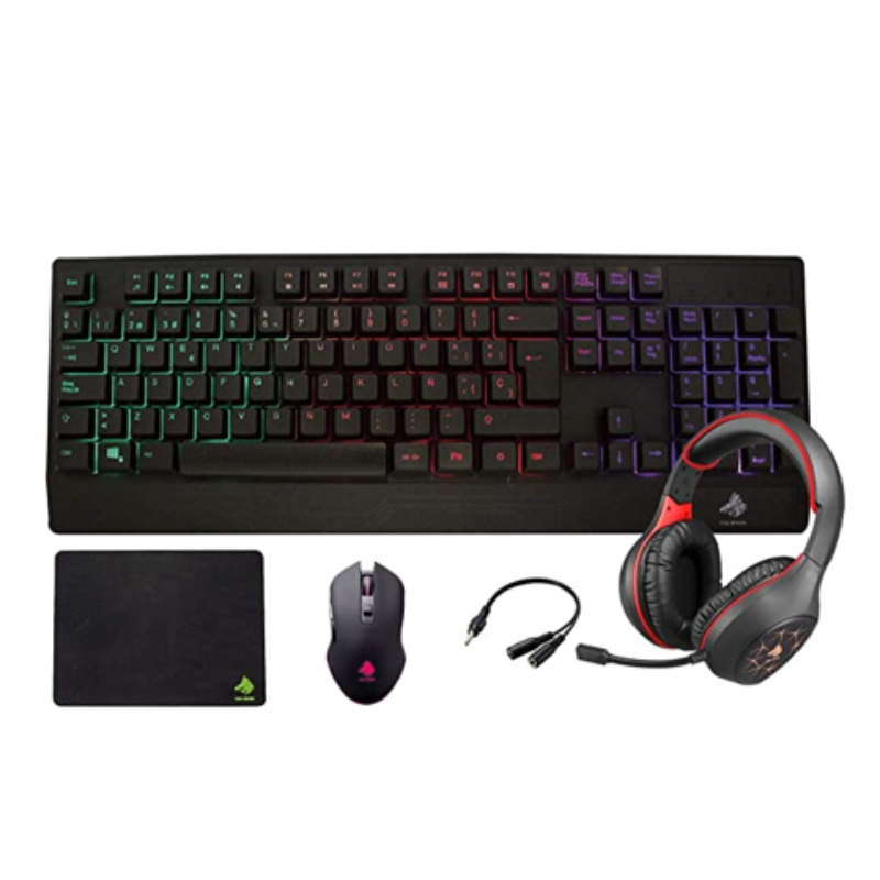 Kit Gaming Eagle Warrior Rhino 4 en 1 completo con teclado retroiluminado, mouse, audífonos y mouse pad sobre fondo blanco