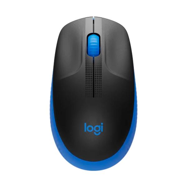 Mouse Logitech M190 en ángulo diagonal mostrando sensor óptico inferior