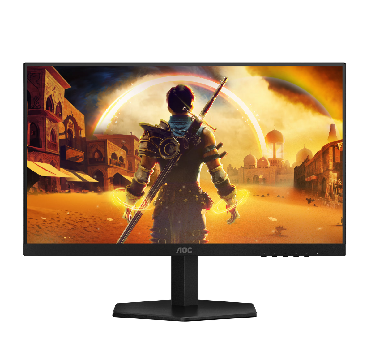 Monitor AOC Gaming 24G42HE vista frontal con pantalla encendida mostrando imagen gaming