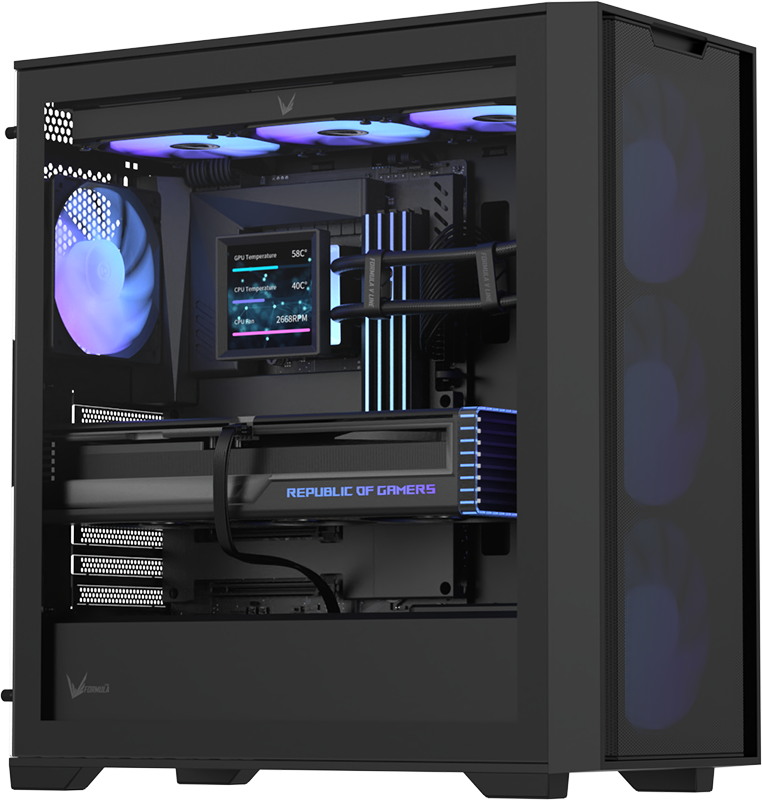 Formula V Line Air Power GX600 Plus negro, vista interior lateral con GPU instalada