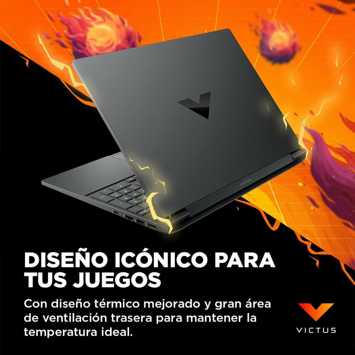 HP Victus 15-fb3018la en ángulo de 45 grados mostrando perfil y grosor del equipo