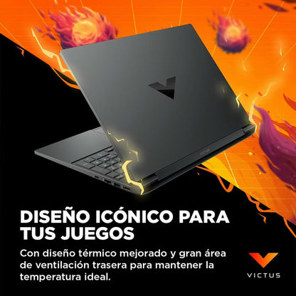 HP Victus 15-fb3018la en ángulo de 45 grados mostrando perfil y grosor del equipo