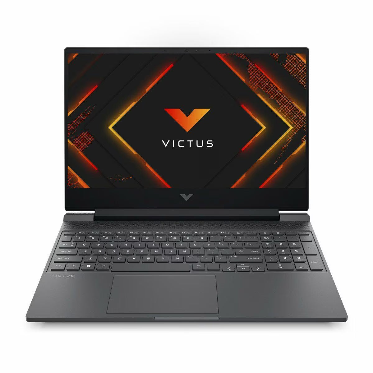 Laptop HP Victus 15-fb3018la vista frontal con pantalla encendida mostrando diseño gaming