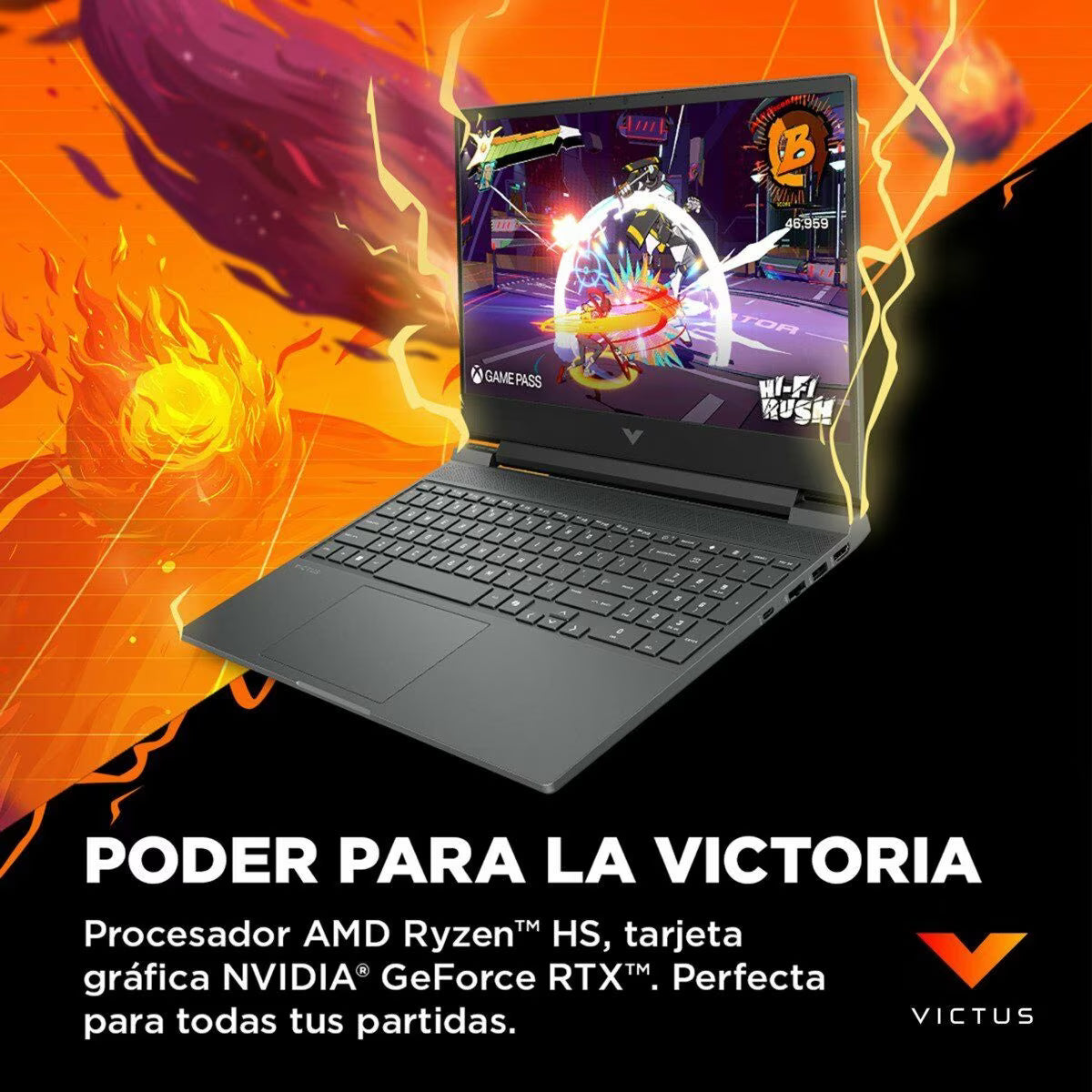 Vista inferior laptop HP Victus con rejillas de ventilación y etiquetas técnicas