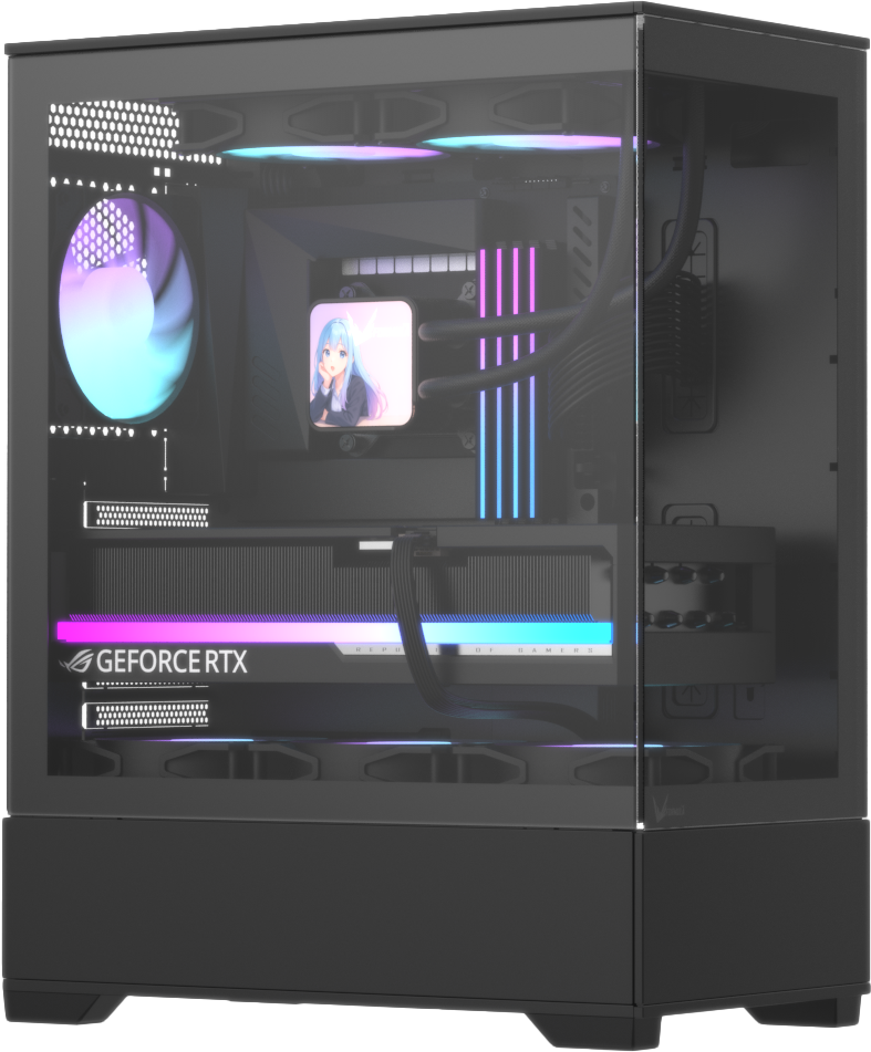 Formula V Line Crystal Z1+ AR V2 negro, vista frontal en ángulo con GPU RGB visible