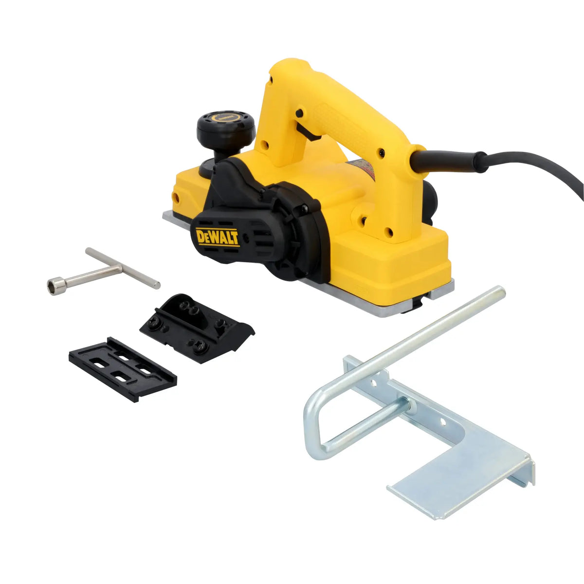 DEWALT D26676-B3 cepillo eléctrico con accesorios desmontados sobre fondo blanco