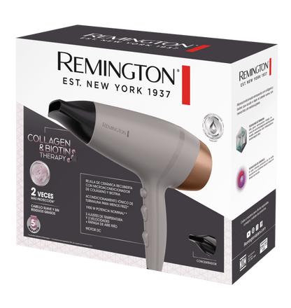 Secadora Remington Collagen and Biotin Therapy D26A-110F | 1900W | Tecnología Iónica con Turmalina | 3 Ajustes de Temperatura | 2 Velocidades | Golpe de Aire Frío